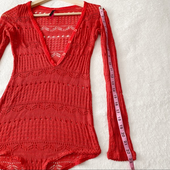 Red Crochet Henley Neckline Bodysuit - Picture 5 of 10